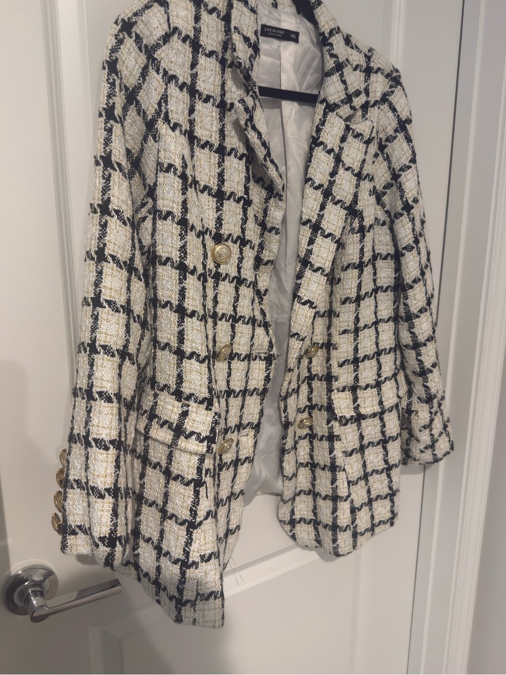 SHEIN Black & White Check Bouclé Double-Breasted Blazer - Picture 2 of 6